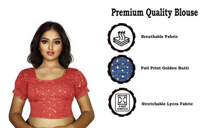 PU Fashion Lycra Blouse with Golden Foil Print – Readymade Puff Sleeve Saree Blouse