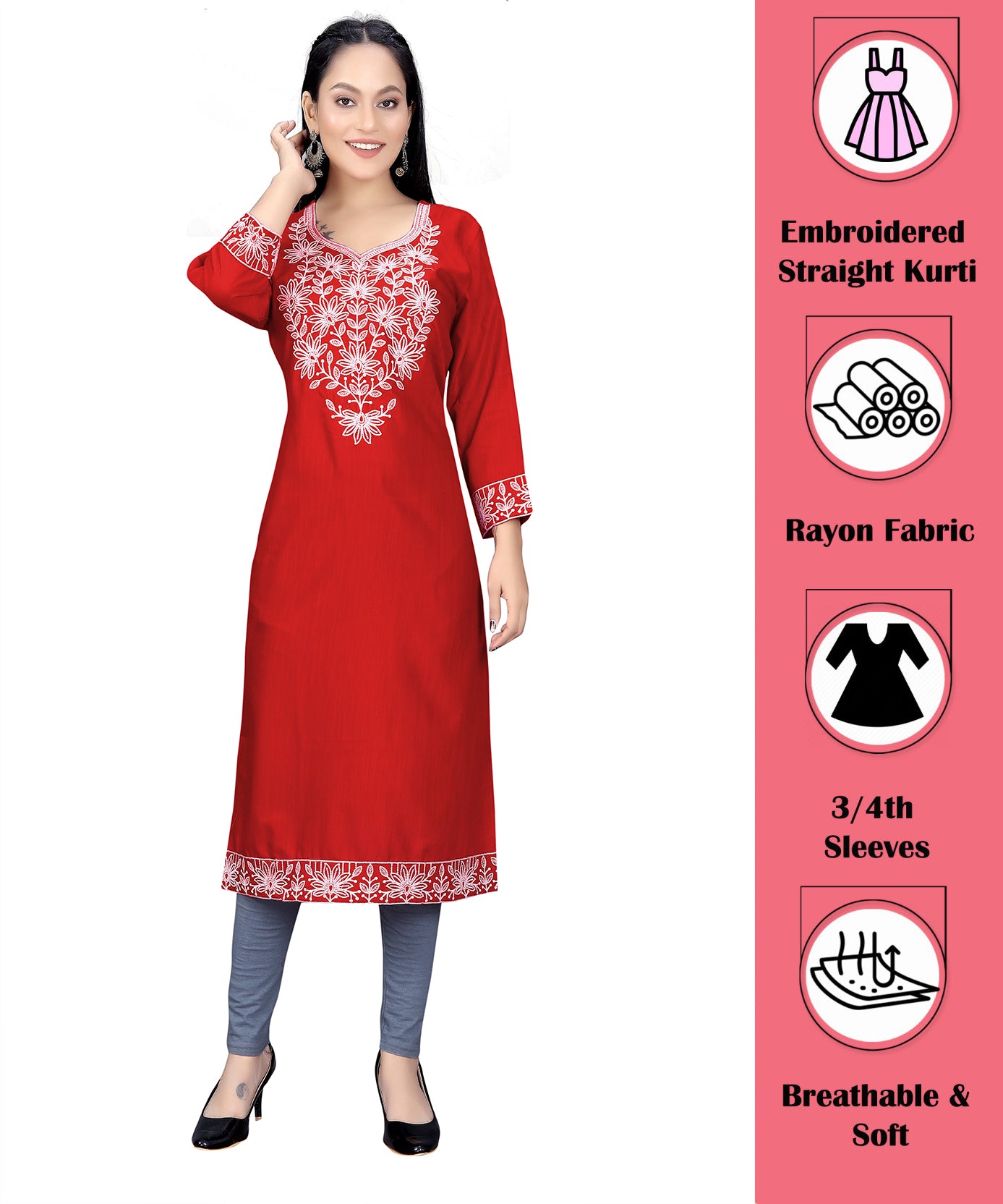 PU Fashion Chikankari Style Embroidered Long Kurti for Women | Elegant Straight Fit for Office & Festive Wear
