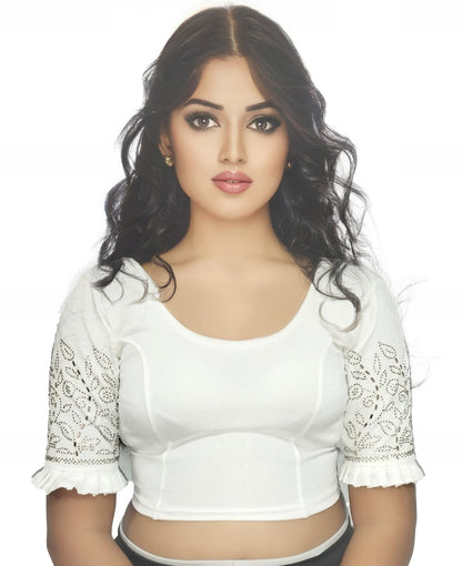 PU Fashion Stretchable Lycra Readymade Blouse with Frill & Swarovski Work