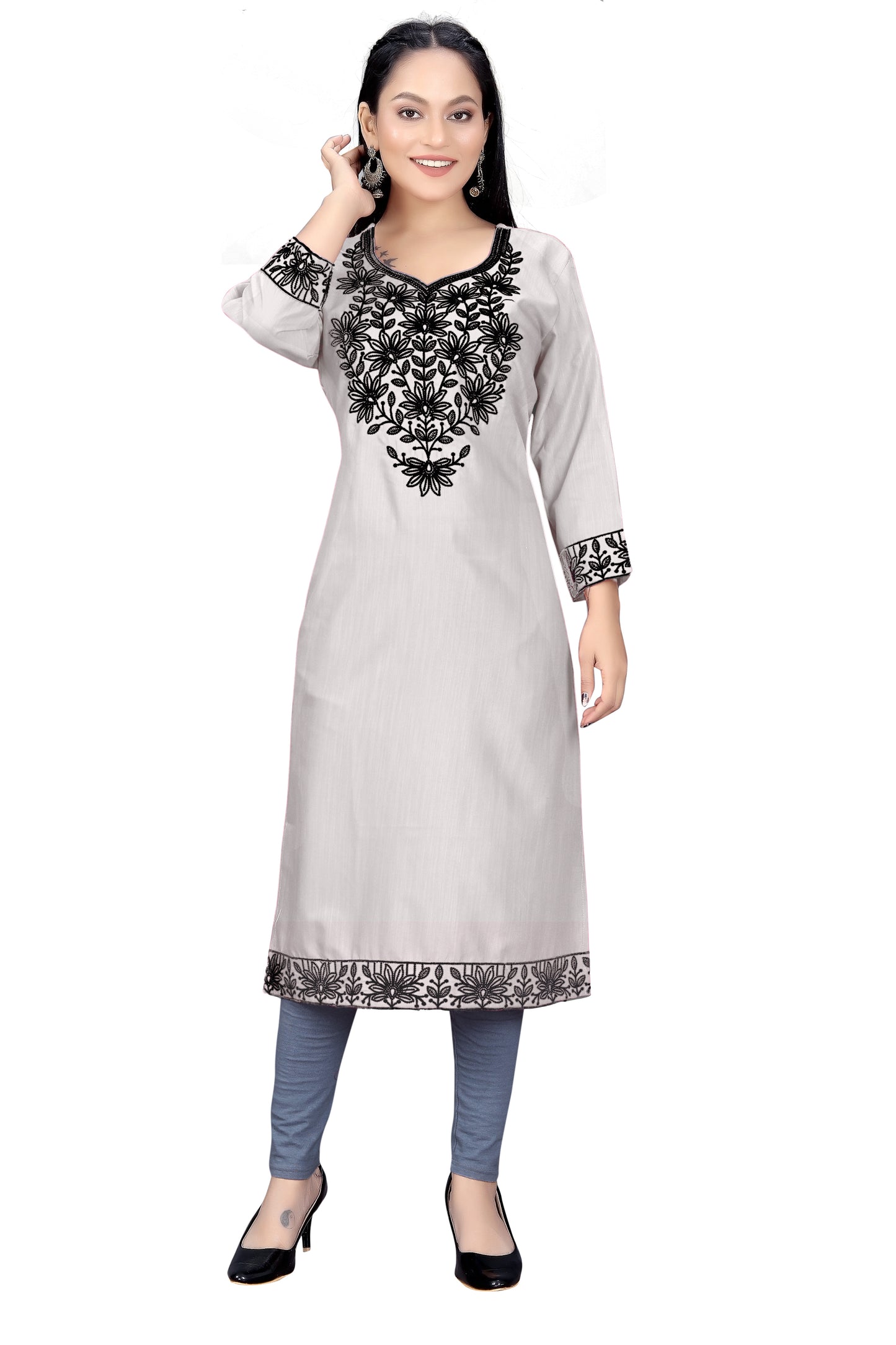 PU Fashion Chikankari Style Embroidered Long Kurti for Women | Elegant Straight Fit for Office & Festive Wear