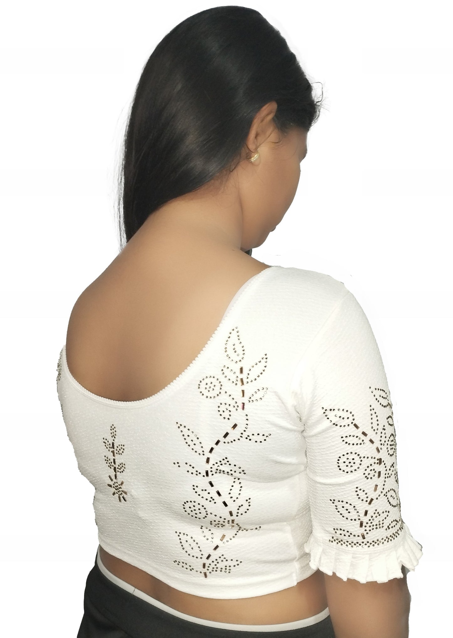 PU Fashion Stretchable Lycra Readymade Blouse with Frill & Swarovski Work