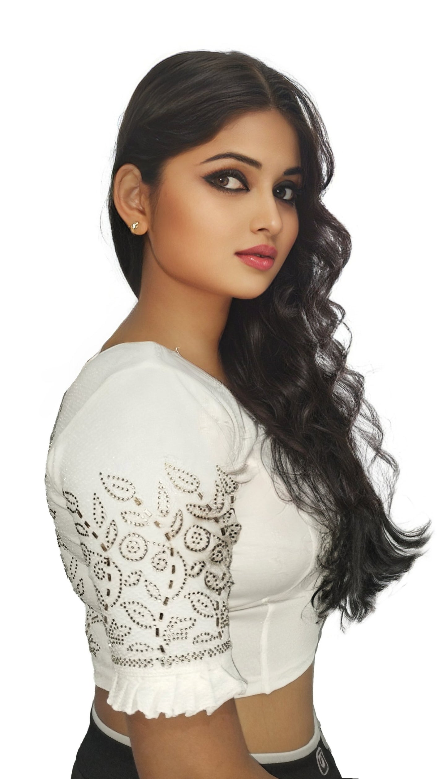 PU Fashion Stretchable Lycra Readymade Blouse with Frill & Swarovski Work