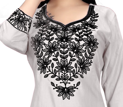 PU Fashion Chikankari Style Embroidered Long Kurti for Women | Elegant Straight Fit for Office & Festive Wear