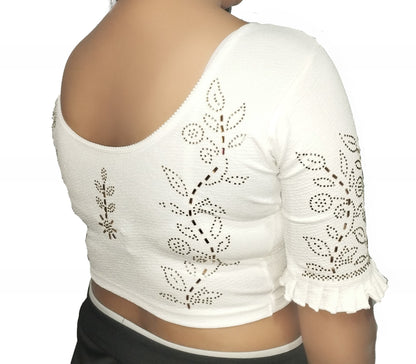 PU Fashion Stretchable Lycra Readymade Blouse with Frill & Swarovski Work