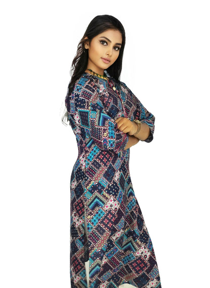 PU Fashion Pure Rayon White-Blue Geometric Printed Kurti for Women | Elegant Daily & Office Wear
