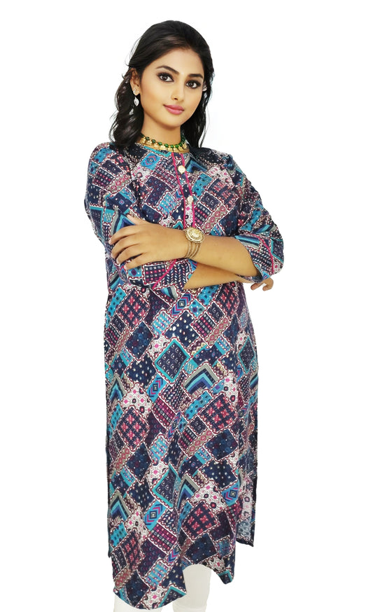 PU Fashion Pure Rayon White-Blue Geometric Printed Kurti for Women | Elegant Daily & Office Wear