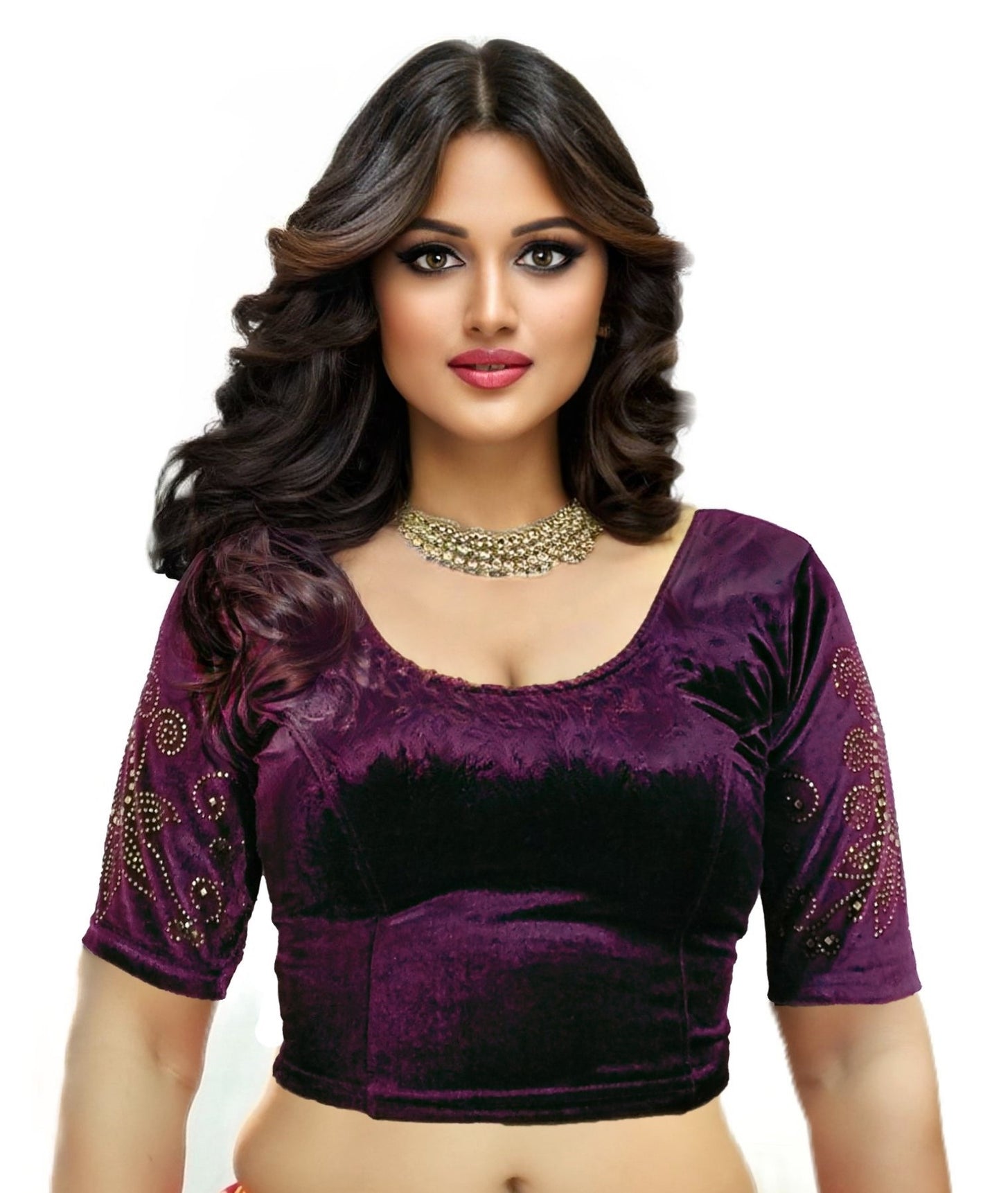 PU Fashion Women's Fancy Velvet Blouse with Stone Work | Stylish Readymade Saree Blouse for Party & Wedding