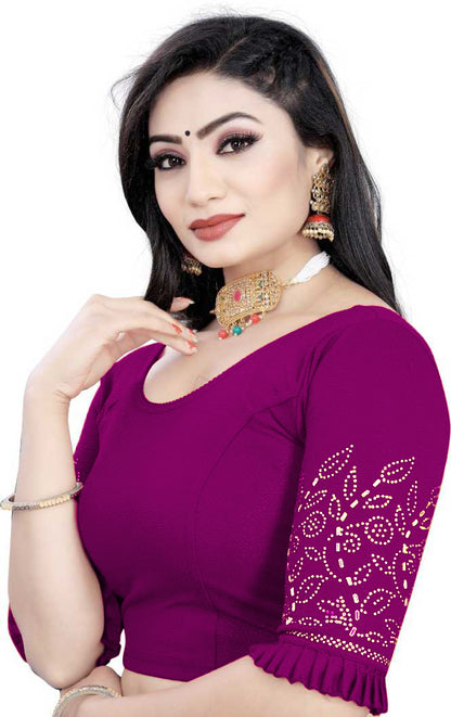 PU Fashion Stretchable Lycra Readymade Blouse with Frill & Swarovski Work