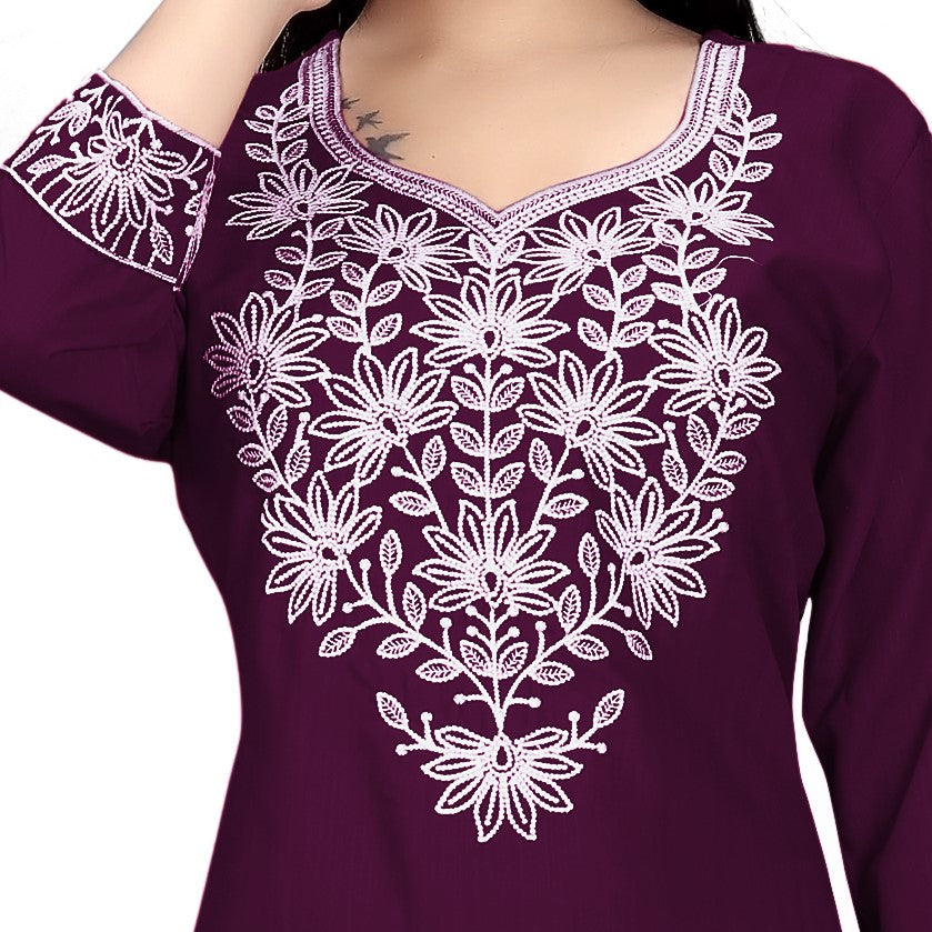 PU Fashion Chikankari Style Embroidered Long Kurti for Women | Elegant Straight Fit for Office & Festive Wear