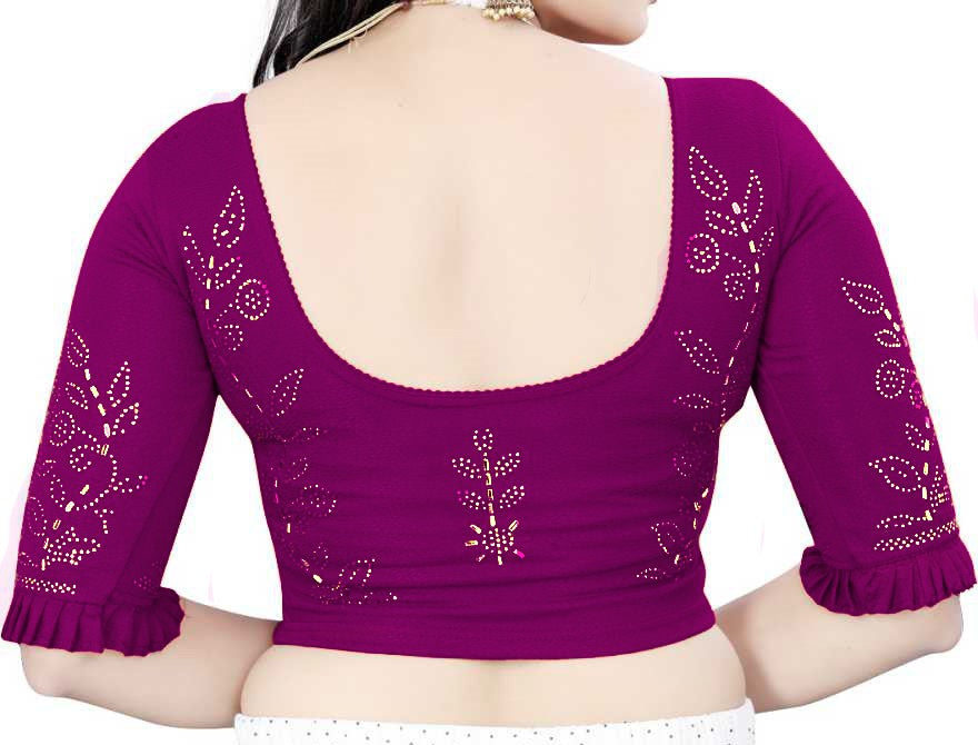 PU Fashion Stretchable Lycra Readymade Blouse with Frill & Swarovski Work