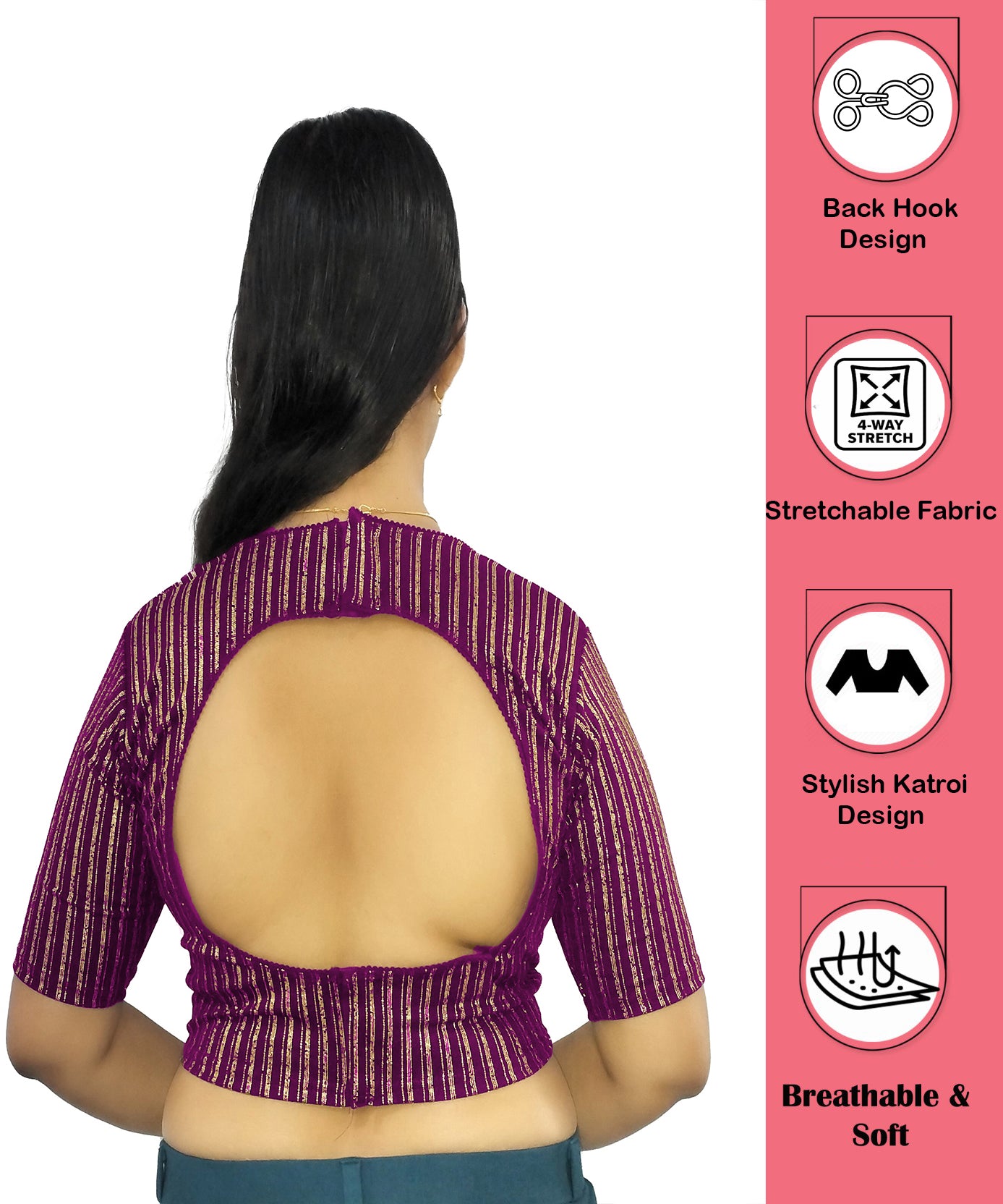 PU Fashion Jacquard Stretchable Saree Blouse | Back Hook & Katroi Design