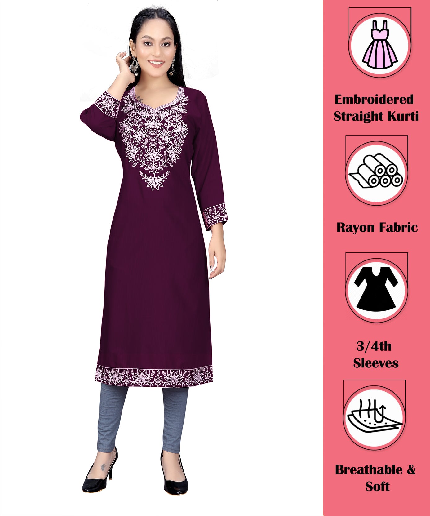 PU Fashion Chikankari Style Embroidered Long Kurti for Women | Elegant Straight Fit for Office & Festive Wear
