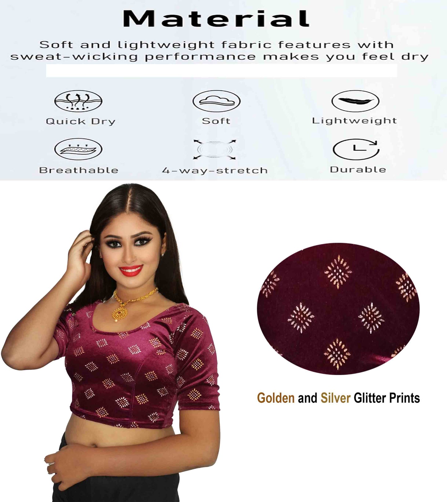 PU Fashion Stretchable Velvet Sequin Blouse for Saree, Lehenga, and Party Wear