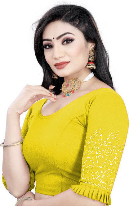 PU Fashion Stretchable Lycra Readymade Blouse with Frill & Swarovski Work