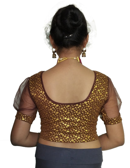 PU Fashion Golden Foil Printed Stretchable Blouse – Readymade Puff Sleeve Saree Blouse